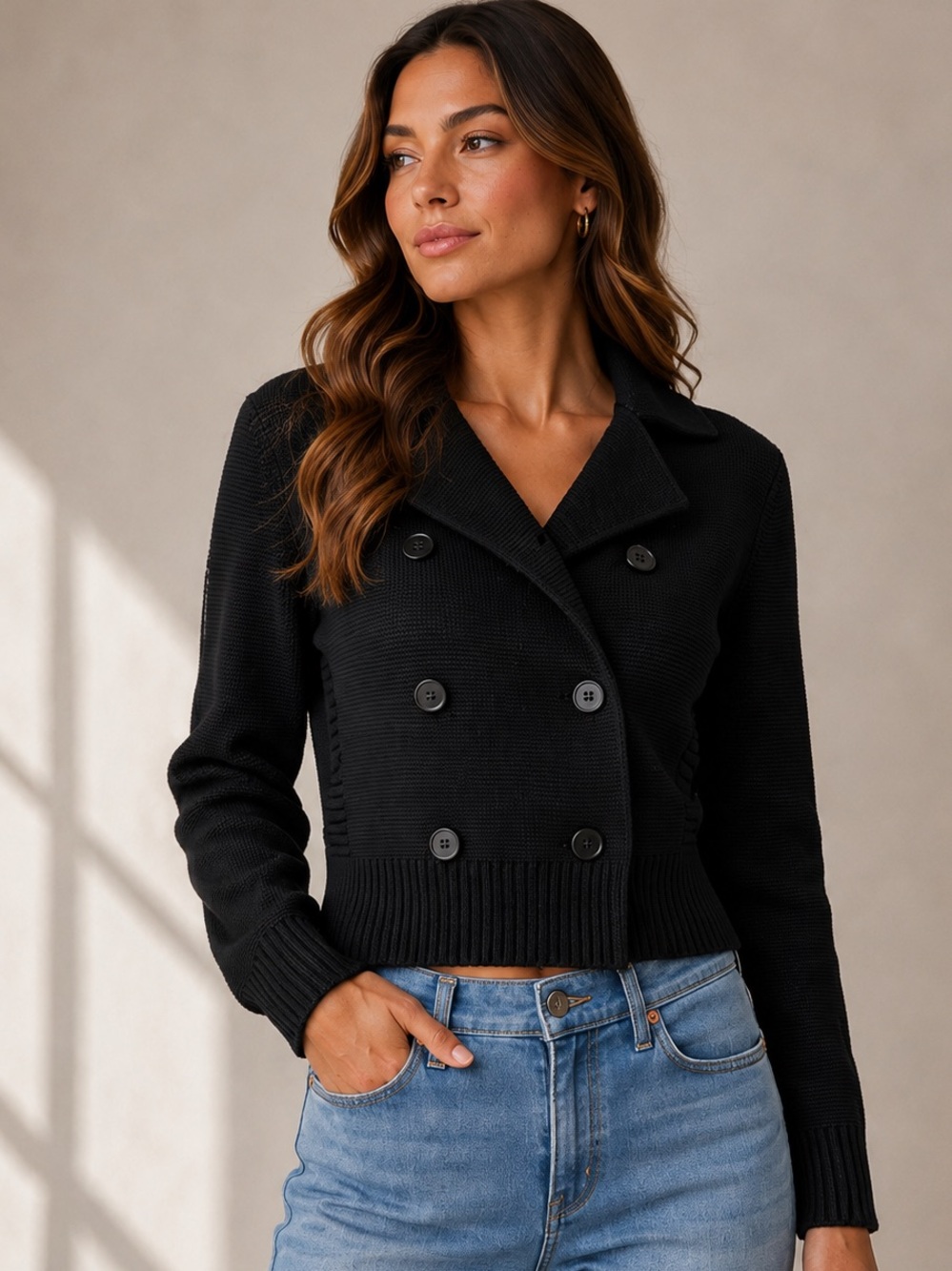 MARGARET O’LEARY Dylan Black Double Breasted Cropped Knit Sweater Jacket XS